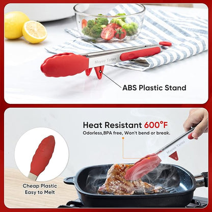 5-Pack Silicone Tongs for Cooking,Maywe Tanso 4PCS 13-Inch Kitchen Tongs with Silicone Tips,Nonstick Stainless Steel Tong for Steak Pie Pizza Pasta Spaghetti Salad BBQ Buffet,Plus Brush - Image 3