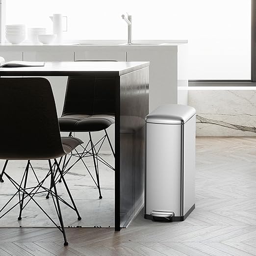 Garvee Slim Kitchen Trash Can 8 Gal, Skinny Stainless Steel Garbage Can with Removable Inner Bucket & Soft Close Lid, Narrow Trash Bin for Bathroom Living Room Office, Silver