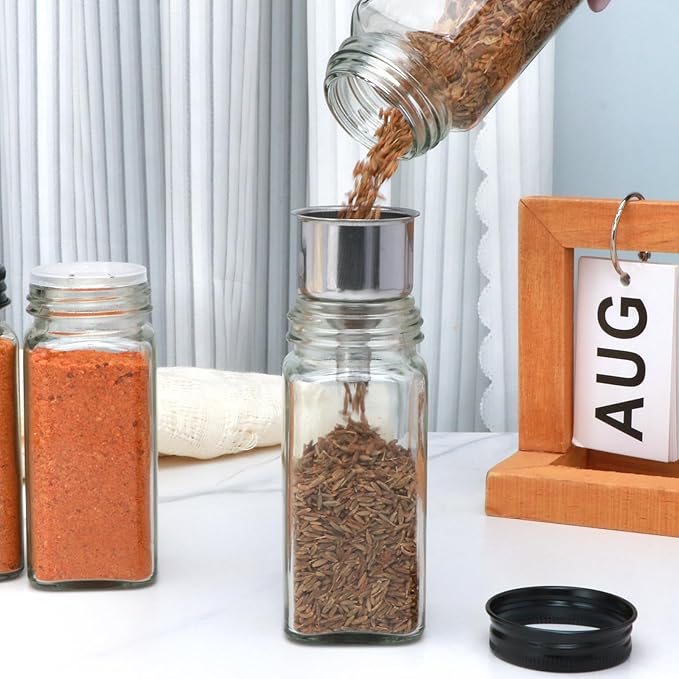 Maredash 24pcs Spice Jars with180 Labels,Glass Spice Jars, Seasoning Containers,Seasoning Organizer,Include black metal lid, pen, grinder, stainless steel funnel, two type inner plugs - Image 3