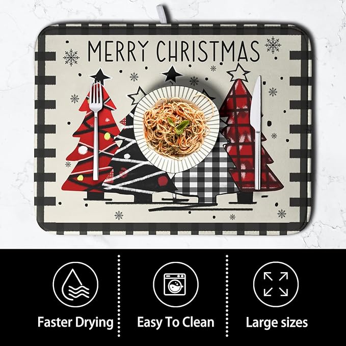 Christmas Trees Kitchen Dish Drying Mat 18x24 Inch Merry Christmas Black White Buffalo Plaid Dish Drainer Mat Absorbent Reversible Microfibe Drying Dish Pad for Winter Kitchen Counter Decor - Image 4