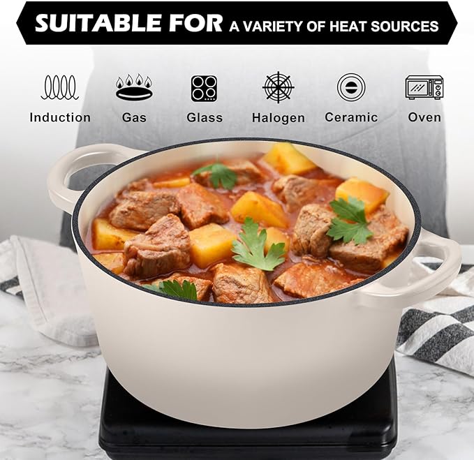 TeamFar 5Qt Dutch Oven, Enameled Cast Iron Dutch Oven with Lid & Dual Handles for Cooking Baking Braising Simmering, Healthy & Sturdy, Oven & Various Stovetops Safe, Non-stick & Easy Clean - Khaki - Image 5
