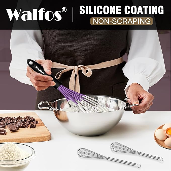 Walfos Whisk, Silicone Whisks Set of 5, Mini Stainless Steel Whisk 7+5in & Non Scratch Coated 7+9+11in Whisks, Suitable for Blending, Whisking, Beating, Frothing & Stirring. (Purple) - Image 8