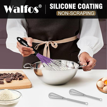 Walfos Whisk, Silicone Whisks Set of 5, Mini Stainless Steel Whisk 7+5in & Non Scratch Coated 7+9+11in Whisks, Suitable for Blending, Whisking, Beating, Frothing & Stirring. (Purple) - Image 8