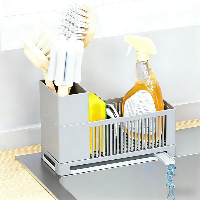 Rustproof Kitchen Sink Organizer for Countertop,Multifunctional Sink Organizer Caddy & Organization,Scrub Brush and Sponge Holder,Plastic Sink Storage Rack,Sponge Drain Rack,Dish Soap Dispenser,Grey by SuoxingStorage