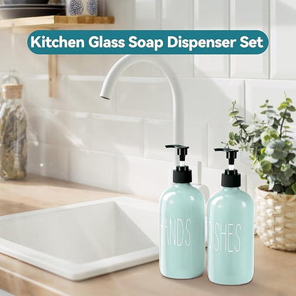COHOSEGE Glass Soap Dispenser Set 2 Pack,16 Oz Dish Soap Dispenser for Kitchen Sink,Green Kitchen Accessories and Kitchen Decor,Green Decorations and Kitchen Utensils for Kitchen - Image 2