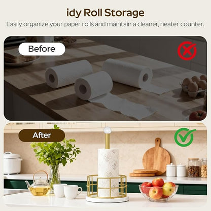 YATINEY Paper Towel Holder, Kitchen Paper Towel Holder for Countertop, Gold Paper Towel Stand with Wooden Base, Freestanding Kitchen Roll Holder, for Standard Size Rolls, Gold CJ05DW
