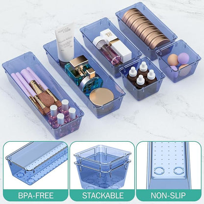 WOWBOX 9 Pack Clear Drawer Organizer Set, Acrylic Drawer Storage Trays, Storage Bins for Makeup, Cosmetics, Jewelries, Utensils, Gadgets, Office, Dark Blue - Image 3