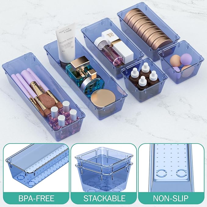 WOWBOX 6 Pack Clear Drawer Organizer Set, Acrylic Drawer Storage Trays, Storage Bins for Makeup, Cosmetics, Jewelries, Utensils, Gadgets, Office, Dark Blue - Image 3
