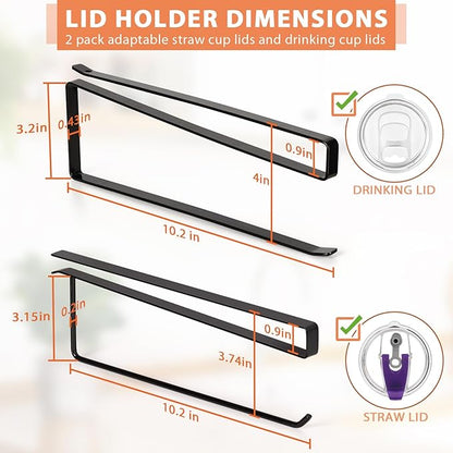 2 Pack Tumbler Lid Organizer, Horizontal Tumbler Lid Storage Hook Up to 20 Lids, Space Saving Cup Lid Holder Under Cabinet Tumbler Lid Hook for Kitchen Organizer, Paper Towel Hanger(Round&Flat, Black) - Image 4