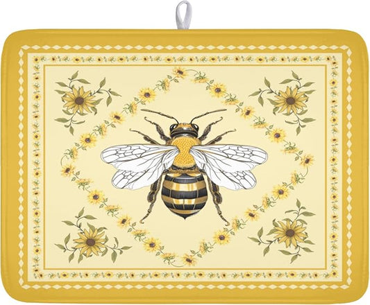 Giwawa Sunflower Bee Dish Drying Mat, Summer Rustic Sunshine Floral Dish Drainer Mats, Yellow Farmhouse Microfiber Reversible Large Dish Drying Pad Decor for Kitchen Countertop, 18x24inches