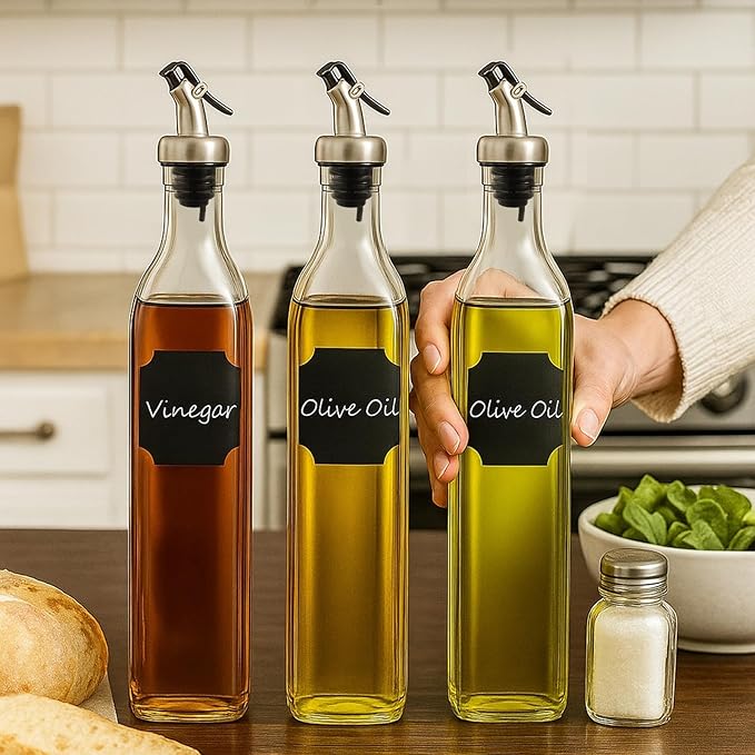 WERTIOO Olive Oil Dispenser Bottle, 3Pack 17 OZ 500ml Glass Oil Dispenser for Kitchen with 3 Pourer,1 Stainless Steel Funnel & 1 Pen and 8 Label for Kitchen - Image 2