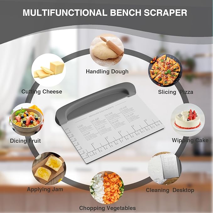 Bench Scraper Dough Cutter Tool - Bowl Pastry Scraper for Bread Cake Pizza, Bench Knife Kitchen Dough Scraper for Baking, Stainless Steel Food Scraper with Grip Handles & Measuring Scale, Grey, Gray - Image 4
