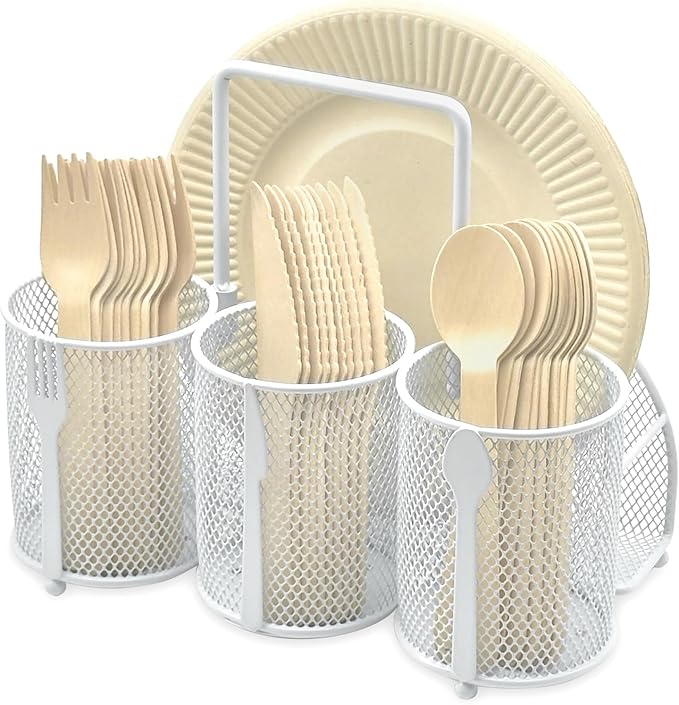 DysanVica Utensil Caddy Silverware Holder - 4 Compartment Metal Mesh Cutlery Fork Spoon Napkin Plate Organizer Flatware Storage Basket Party Kitchen Countertop Buffet Picnic Camping Outdoor BBQ White by DysanVica
