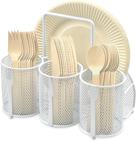 DysanVica Utensil Caddy Silverware Holder - 4 Compartment Metal Mesh Cutlery Fork Spoon Napkin Plate Organizer Flatware Storage Basket Party Kitchen Countertop Buffet Picnic Camping Outdoor BBQ White by DysanVica