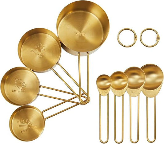 Golden 304 Stainless Steel Measuring Cups and Spoons Set,8PCS Stackable & Long Handle Fits Narrow Jars, Premium Gold Kitchen Accessories for Liquid & Dry Ingredients Baking Cooking, Durable&Rust-Proof