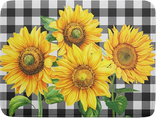 Sunflower Dish Drying Mat for Kitchen Counter Black White Buffalo Plaid Microfiber Absorbent Dish Draining Reusable Washable Foldable Extra Large 18"x24" by Unknown