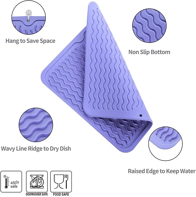 MicoYang Silicone Dish Drying Mat for Multiple Usage,Easy clean,Eco-friendly,Heat-resistant Silicone Mat for Kitchen Counter or Sink,Refrigerator or Drawer liner Light Purple M 12 inches x 12 inches - Image 3