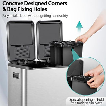 SUPER DEAL Kitchen Trash Can 16 Gallon 60L Dual Stainless Steel Garbage and Recycling Can with Foot Pedal for Kitchen, Living Room, Office, Removable Inner Buckets Soft Close Lid Odor Proof, Silver