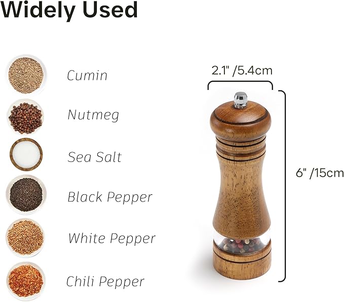 Wooden Salt and Pepper Grinder Set, Premium Oak Wood Salt Grinders Shakers, Manual Pepper Mill with Acrylic Clear Window, Adjustable Ceramic Grinder for Kitchen, Restaurant, Gifts - 6 inches, 2 Pack
