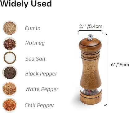 Wooden Salt and Pepper Grinder Set, Premium Oak Wood Salt Grinders Shakers, Manual Pepper Mill with Acrylic Clear Window, Adjustable Ceramic Grinder for Kitchen, Restaurant, Gifts - 6 inches, 2 Pack