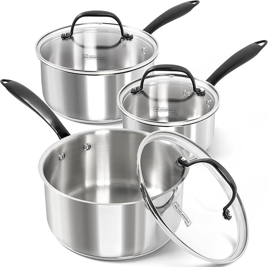 MICHELANGELO Tri-Ply Stainless Steel Saucepan with Lid 6 Pcs, Stainless Steel Sauce Pans with Cool Handle, 6 Pcs Multipurpose Sauce Pots Set for Kitchen Cooking, Induction Compatible, 1QT & 2QT &3QT by Michelangelo