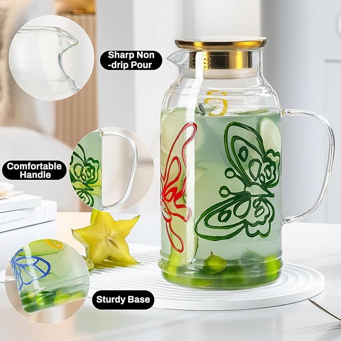Buaic Glass Pitcher with Lid and Handle,2 PACK 68 oz/2 Liter Vintage Hand Painted Butterfly Design Fridge Water Pitcher, Borosilicate Glass Water Carafe for Hot/Cold Water Iced Sun Tea,Heat Resistant - Image 5