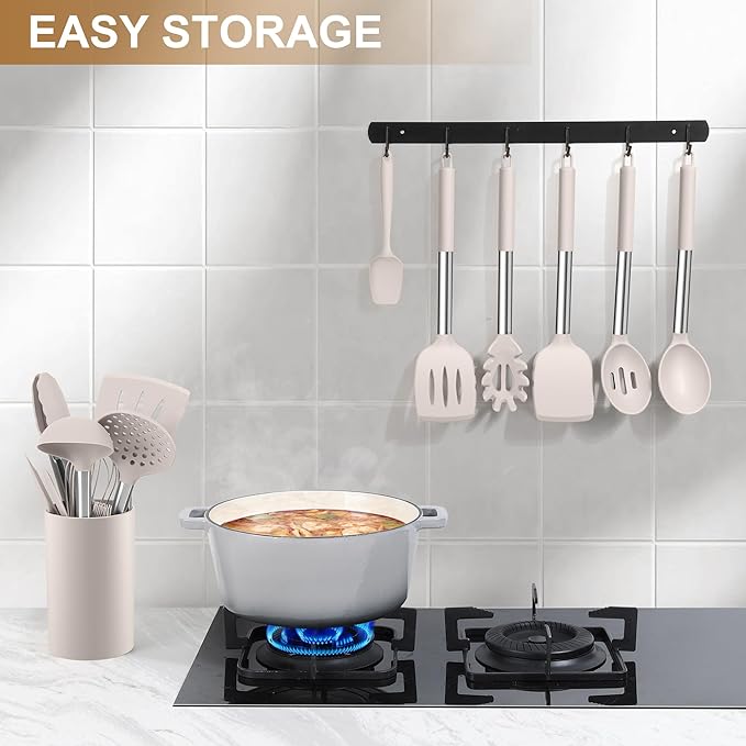 LIANYU 15 Pcs Kitchen Cooking Utensils Set with Holder, Silicone Kitchen Tools with Stainless Steel Handle, Heat Resistant Gadgets, Brush Spatula Spoon Whisk for Cookware, Dishwasher Safe, Khaki - Image 7