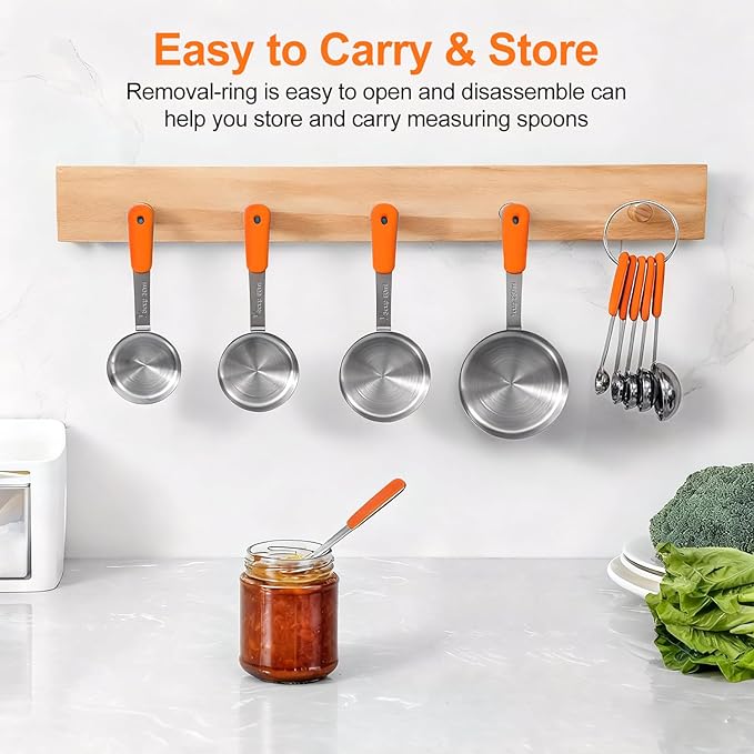 Bopei Measuring Cups and Spoons Set Stainless Steel 10 Piece for Cooking and Baking (5 Cups + 5 Spoons, Orange Handle) - Image 5
