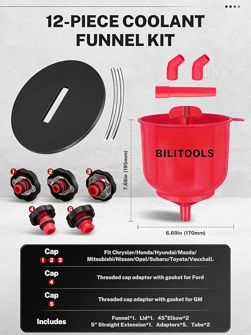 BILITOOLS No-Spill Coolant Funnel Kit - 12PCS Specialized Radiator Flush & Burping Funnel Kit with 5 Adapters, Compatible with GM & Ford, Leak-Proof & Air Bleeding Radiator Fill Funnel, Thickened Set