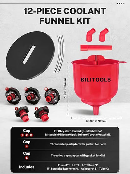 BILITOOLS No-Spill Coolant Funnel Kit - 12PCS Specialized Radiator Flush & Burping Funnel Kit with 5 Adapters, Compatible with GM & Ford, Leak-Proof & Air Bleeding Radiator Fill Funnel, Thickened Set