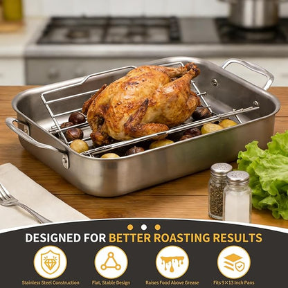 Roasting Rack for 9x13 Inch Pan, Adjustable Turkey Rack for Roasting Pan V-Shaped, Made of Stainless Steel, Keeps Food Elevated and Improves Airflow, Easy to Clean, Ideal for Turkey and Chicken