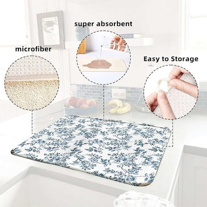 Floral Spring Small Dish Drying Mat for Kitchen Counter 16''x18''Microfiber Absorbent - Foldable, Quick-Dry, Non-Slip, Compact Plant Leaves Kitchen Drying Pad for Dishes, Countertops, and Cookware - Image 6