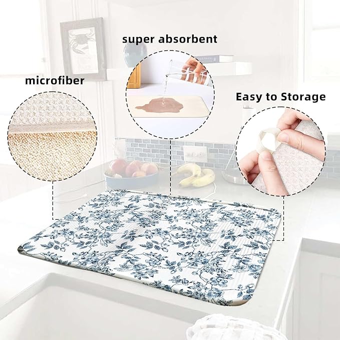Floral Spring Large Dish Drying Mat for Kitchen Counter 18x24 Microfiber Absorbent - Foldable, Non-Slip, Compact Plant Leaves Kitchen XL Drying Mats for Dishes, Countertops, and Cookware - Image 6