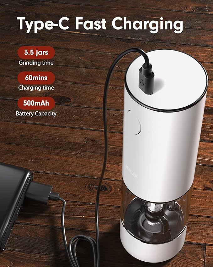 TOMEEM Upgraded Larger Capacity Electric Salt and Pepper Grinder Set Rechargeable with LED lights, Stainless Steel Automatic Pepper and Salt Grinder Refillable with 5 Adjustable Coarseness White - Image 3