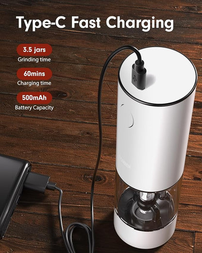 TOMEEM Upgraded Larger Capacity Electric Salt and Pepper Grinder Set Rechargeable with LED lights, Stainless Steel Automatic Pepper and Salt Grinder Refillable with 5 Adjustable Coarseness White - Image 3