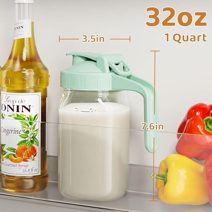 Breast Milk Pitcher, Mason Jar 32 oz, Heavy Duty Wide Mouth Jar with Green Flip Cap Lid and Pour Spout, Airtight Seal for Freshness and Convenience, Great for Cold Beverages and Home Entertaining - Image 2