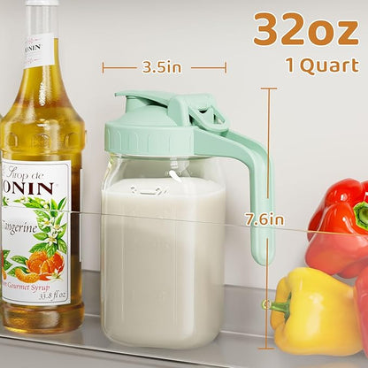 Breast Milk Pitcher, Mason Jar 32 oz, Heavy Duty Wide Mouth Jar with Green Flip Cap Lid and Pour Spout, Airtight Seal for Freshness and Convenience, Great for Cold Beverages and Home Entertaining - Image 2