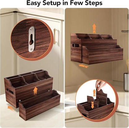 Wooden Kitchen Utensil Holder for Countertop, Large Utensil Organizer with Removeable Dividers, Wall Mount Kitchen Organizer for Cooking Tools & Silverware, with Spoon Rest and Diatomite Base
