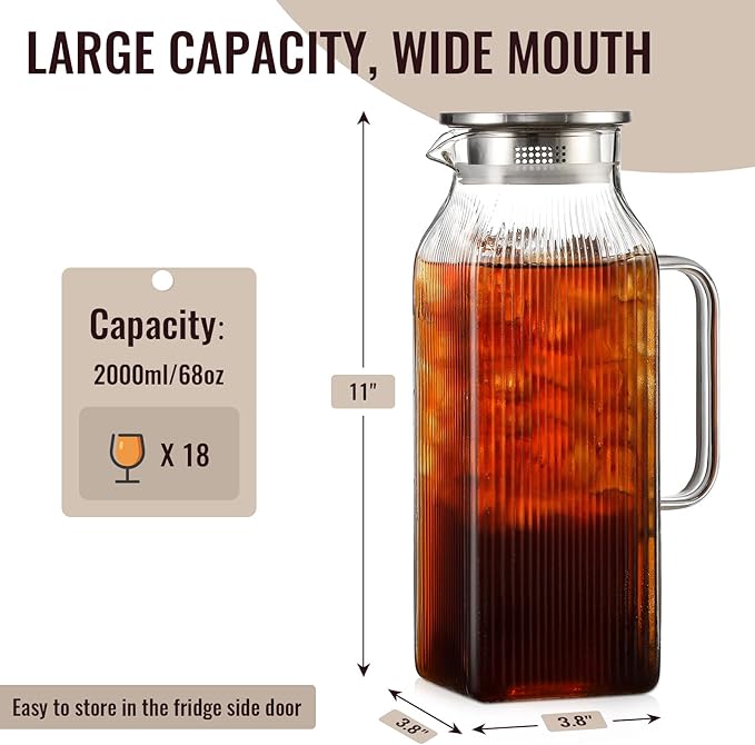 2 Liter/68 oz Square Glass Pitcher with Lid, Classic Stripes Water Pitchers with Handle for Fridge, Large Jug for Iced Tea, Coffee, Borosilicate Glass Carafe for Hot/Cold Brew Drink, Silver - Image 2