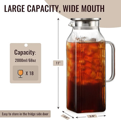2 Liter/68 oz Square Glass Pitcher with Lid, Classic Stripes Water Pitchers with Handle for Fridge, Large Jug for Iced Tea, Coffee, Borosilicate Glass Carafe for Hot/Cold Brew Drink, Silver - Image 2