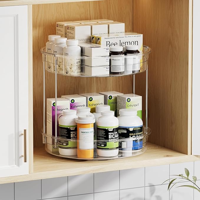 LAMU 12inch 2 Tier Lazy Susan Turntable Organizer Rotating Spice Rack Organization for Cabinet, Kitchen, Pantry, Countertop, Bathroom, Vanity, Medicine Cabinet Organizer, Clear - Image 5