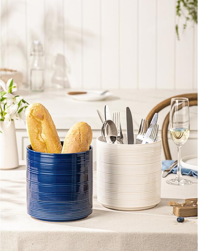 Large Utensil Holder for Kitchen Counter, 7.3” Ceramic Cooking Utensil Crocks for Spatula & Spoon, Farmhouse Kitchen Utensil Holder with Cork, Home Decor, Off-White