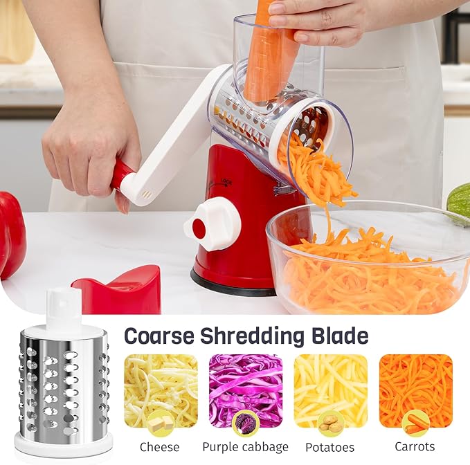 Cheese Grater Hand Crank, Rotary Cheese Shredder with 3 Interchangeable Blades for Coarse, Fine Shredding and Slicing, Strong Suction Base for Pizza, Pasta, Salad, Vegetables, Nuts, Chocolate - Image 4