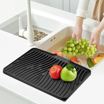 TIKNIK Silicone Dish Drying Mat, Stone Drying Mat for Kitchen Counter with Built-In Drain, Non-Slip Drain Pad with Built-in Drain, Heat Resistant Stone Drying Mat, Hangable, Black-1pc, 20" x 15" - Image 7