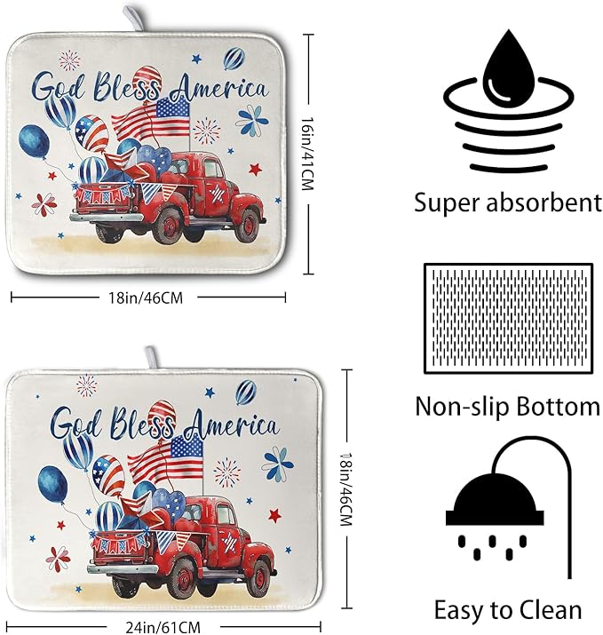4th of July Drying Mat for Kitchen Counter 16 x 18 US Independence Day Patriotic Truck Dish Drying Mat Polyester American Flag Dish Drainer Mat Super Absorbent Dish Rack Pad for Coffee Bar Sinks - Image 2