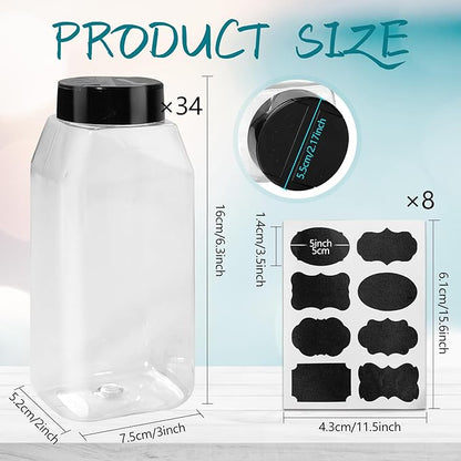 34 Pack 16 oz Plastic Spice Jars with Cap Clear Empty Square Bottle With flip lid Reusable Spice Bottle Large Seasoning Jars Powder Storage Container for Storing Seasoning Powders Supplies - Image 2
