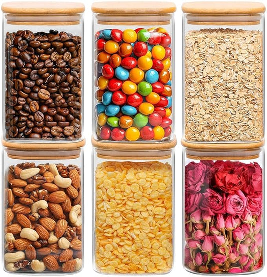 ComSaf 1.2 QT Glass Storage Containers with Lids, Glass Jars with Lids, Clear Food Jar, Square Canister Set of 6, Pantry Organizers and Storage for Cookie Flour Oat Pasta Tea Coffee Bean by ComSaf