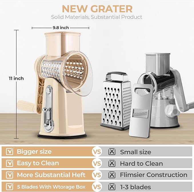 SUSTEAS Rotary Cheese Grater with Handle - Vegetable Shredder with 5 Well-designed Blades & Strong Suction Base,Round Mandoline Slicer & Food Chopper for Kitchen,with Blade Storage Box(Beige) - Image 2