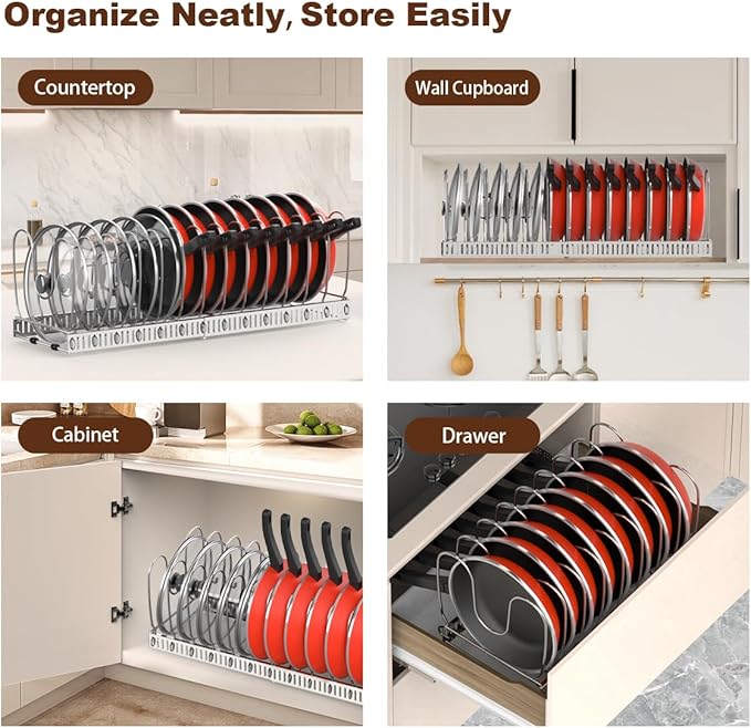 Housolution 2 Pack Pot and Pan Organizer, 12"-23" Expandable Pot Lid Organizer with 14 Adjustable Dividers, Pan Lid Holder Storage Rack for Cabinet, Silver - Image 6