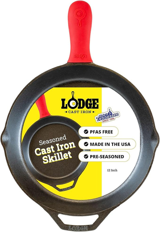 Lodge Seasoned Cast Iron Skillet 12 Inches - Quality Frying Pan for the Stove, Oven, Grill & Campfire - Includes Silicone Hot Handle Holder - Non-Toxic, Nonstick & Long-Lasting